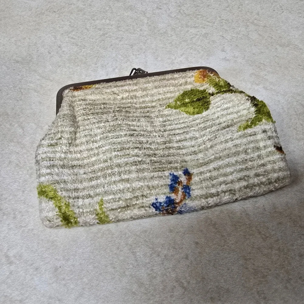 Vintage‎ Floral Chenille Kiss Lock Coin Purse Mushroom Print Lining Cottagecore